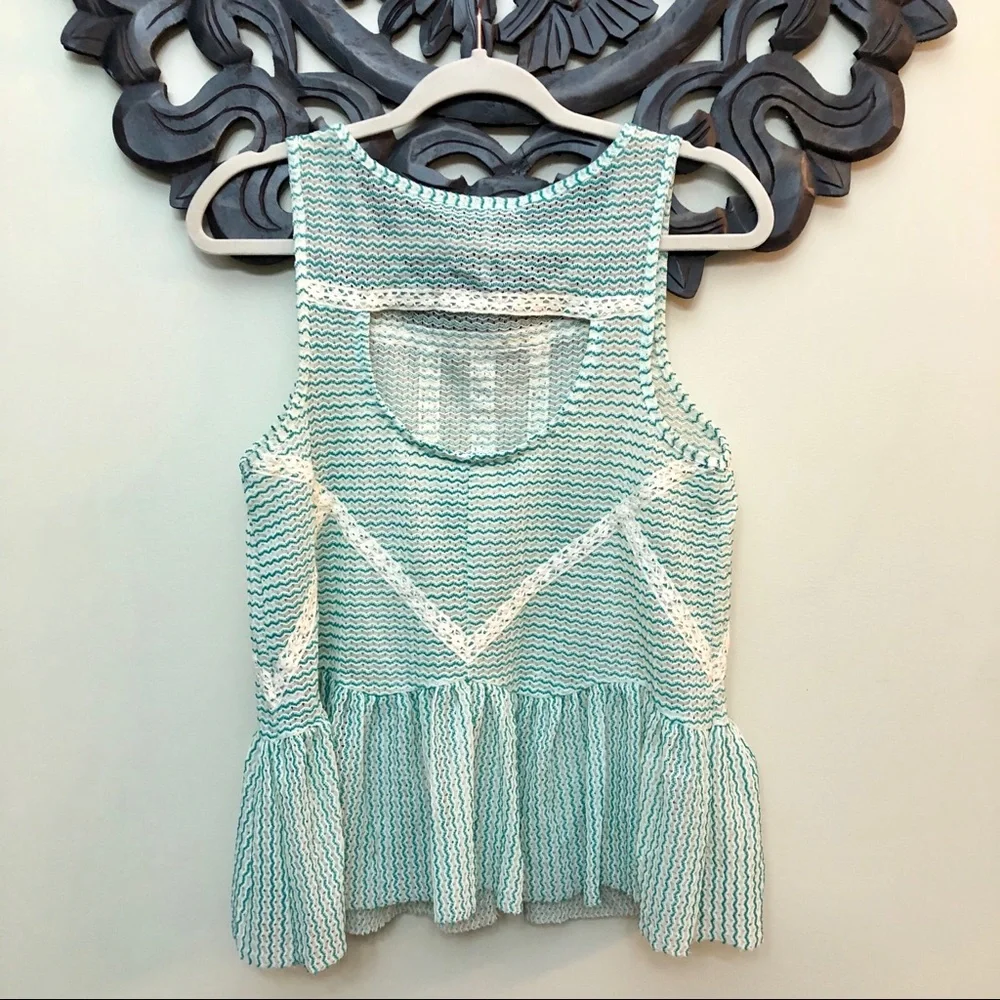 Free People Green Lace Crochet Stripe Peplum Top